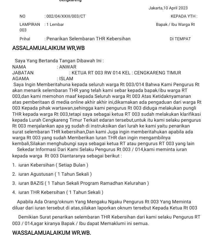 Surat pencabutan edaran permohonam THR RT 003 RW 014 Cengkareng Timur, Jakartq Barat (Foto: ifakta/amy)