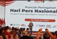 Presiden Joko Widodo menyampaikan pidati pada puncak HPN 2024 di Ecopark Ancol, Selasa 20 Februari 2024 (Poto: ifakta.co/my)