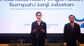 Menteri Pariwisata Widiyanti Putri Wardhana dalam sambutannya saat pelantikan pejabat di Balairung Soesilo Soedarman, Gedung Sapta Pesona, Jakarta Pusat, Rabu (8/12/2024).