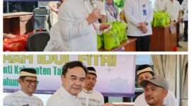 Sekretaris Daerah (Sekda) Kabupaten Tangerang, Soma Atmaja meninjau pelaksanaan Gerakan Pangan Murah (GPM) Bazar Murah jelang hari raya Idul Fitri 1446H di Kecamatan Jayanti,(foto:ifakta.co/Lx)